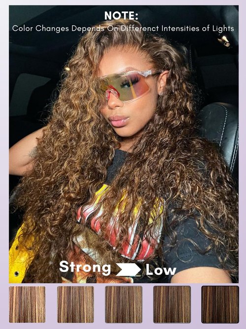 AUROO Honey Blonde Highlight Deep Wave 13x4 Lace Frontal Closure Only Human Hair, 12A Virgin 100% Hand Tied Ear to Ear Ombre Brown HD Transparent Frontal Pre Plucked P4/27 Curly Lace Frontal Remy 16In