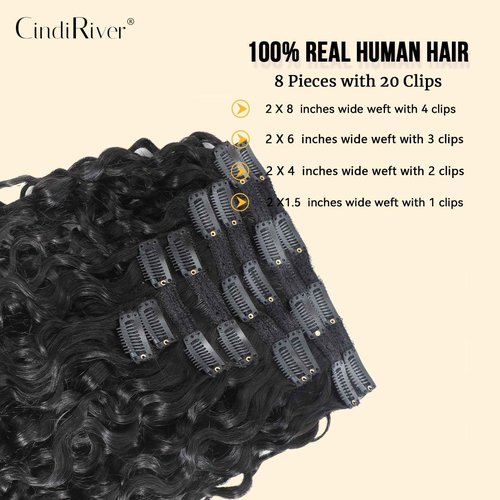 CindiRiver Curly Clip in Hair Extensions,Real Human Hair Water Wave Clip in Hair Extensions for Women,Remy Human Curly Clip ins Human Hair 8 Pcs with 20 Clips,24 inch