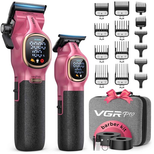 VGRPRO Professional Hair Clippers for Men, Professional Barber Clippers and Trimmer Set, Cordless Hair Clippers for Hair Cutting with Package Case, Powerful 9000 PRM Rechargable Electric (Pink)