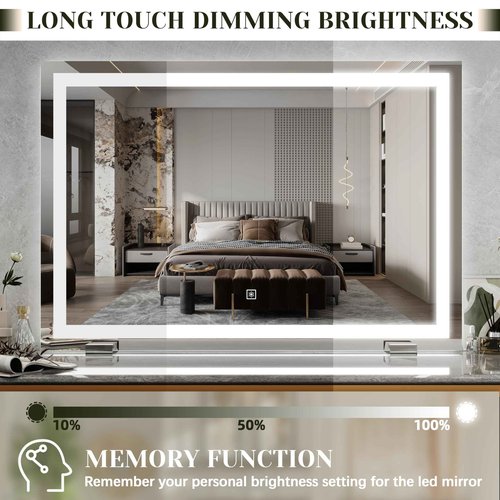 ROLOVE 32x 22 Inch Large Lighted Vanity Mirror with Dimmable 3 Modes, LED Makeup Mirror for Bathroom ＆ Dressing Room, Tabletop or Wall-Mounted, White