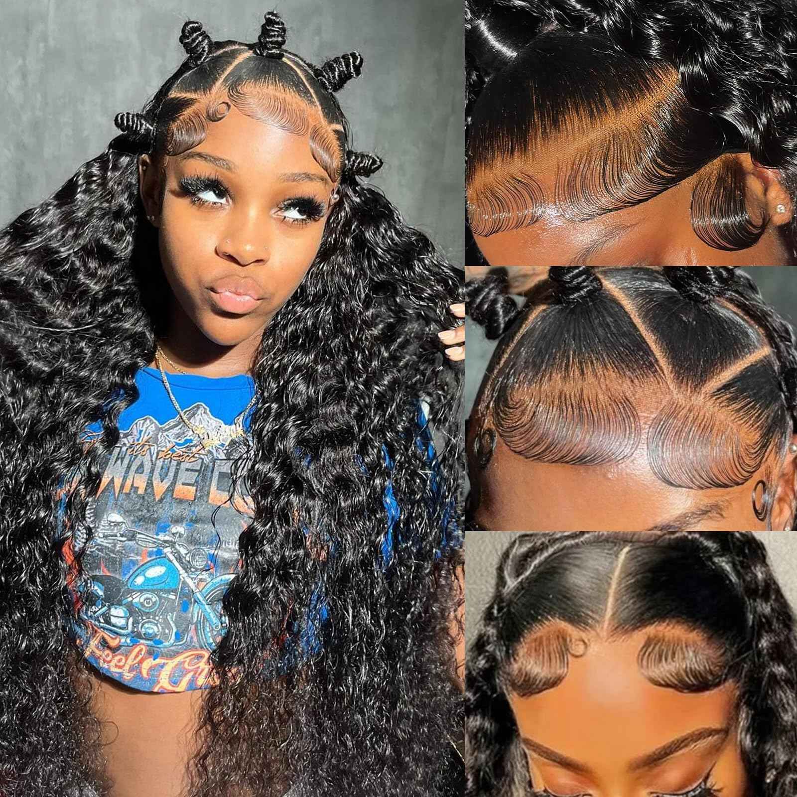 Gulenme 13x6 Deep Wave Lace Front Wigs Human Hair 200 Density Pre Plucked HD Transparent 100% Lace Frontal Wigs Deep Curly Wet and Wavy lace front human hair Wigs for Women（ 30 inch ， Natural Black）