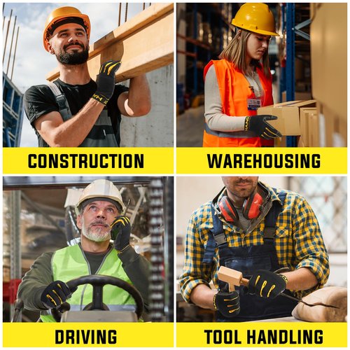HANDLANDY Leather Work Gloves for Men & Women, Utility Mechanic Touch Screen Working Gloves for Gardening, Driving, Tool Handling, Construction (Yellow Black, Medium)