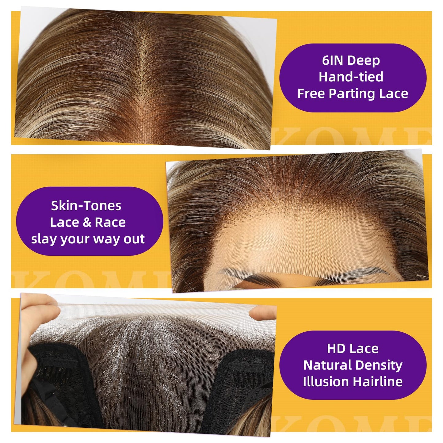 KOME Ash Blonde Highlight Synthetic Lace Front Wig,13×6 HD Short Straight Glueless Bob Wig for White Women Daily Use 12IN（#TT6/166）