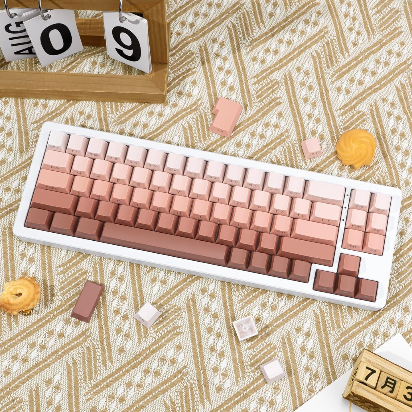 136 Keys Cherry Profile Shine Through PBT Keycaps Set, Pink Gradient Keycap Side Print, Double Shot PBT Key caps Cute, Backlit Custom White Keycaps for ANSI/ISO Layout Mechanical Keyboard