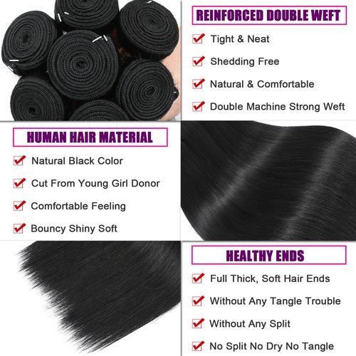 NROOEAY Straight Bundles Human Hair 28 inch 100% Unprocessed Brazilian Straight Hair Bundles 12A Remy Virgin Retain the Intact Cuticle, Long Lifespan