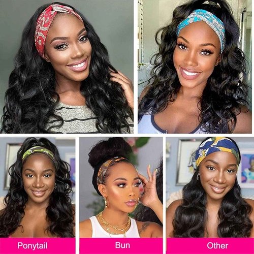 catti Body Wave Headband Wig Human Hair Headband Half Wigs for Black Women Glueless None Lace Front Wigs Human Hair Brazilian Virgin Hair Machine Made Headband Wig 150% Density (24" Headband wigs)