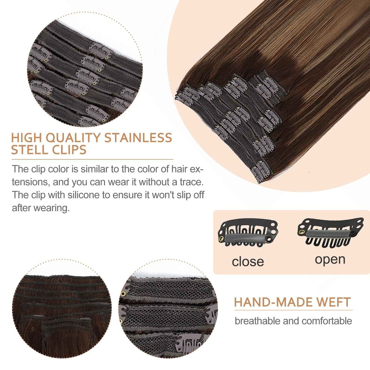 Goulus Clip-in Hair Extensions - Real Human Hair, 120g, 8pcs, Silky Straight, Chocolate Brown & Caramel Blonde, Double Weft, Thick Clip Ins (4/27/4,24)