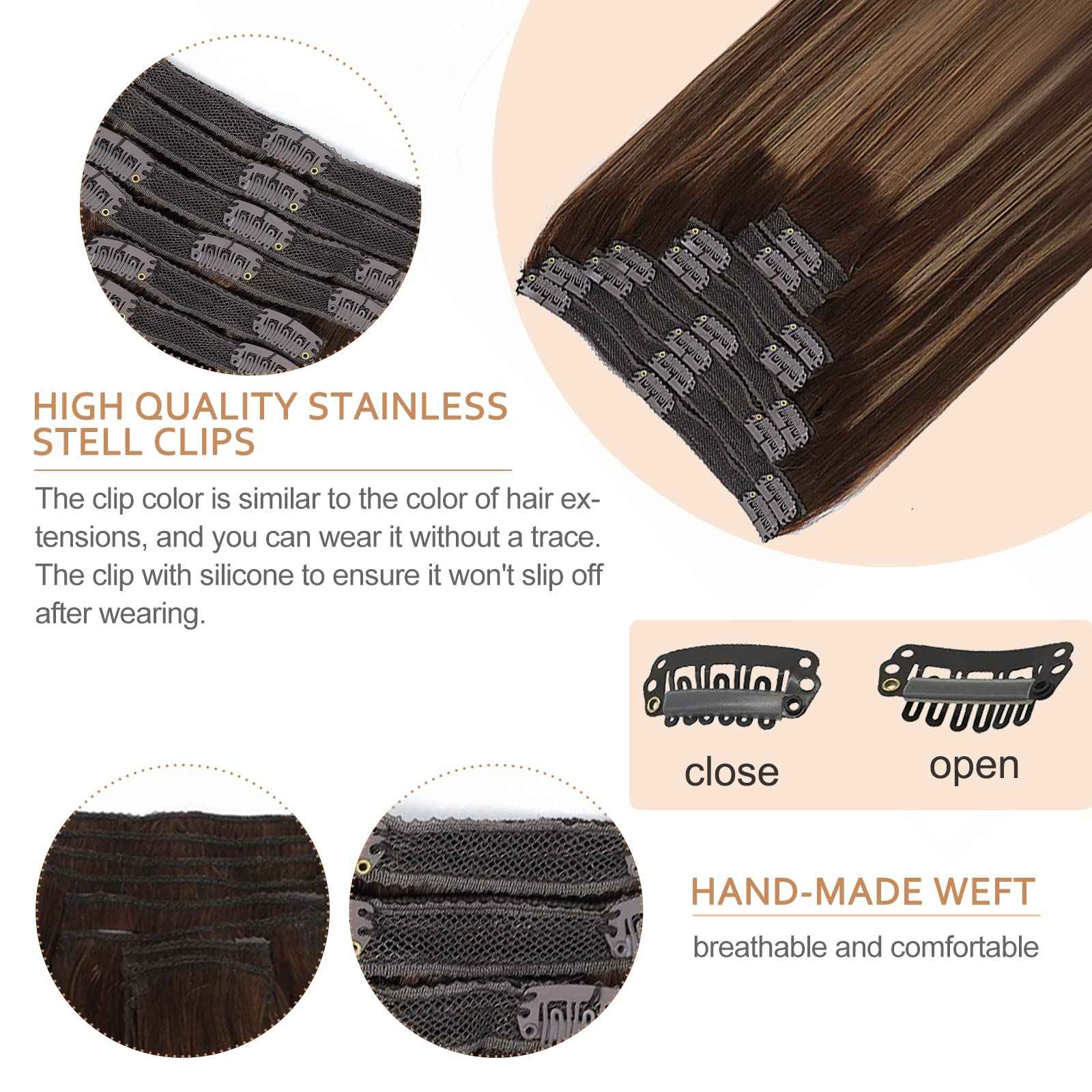 Goulus Clip-in Hair Extensions - Real Human Hair, 120g, 8pcs, Silky Straight, Chocolate Brown & Caramel Blonde, Double Weft, Thick Clip Ins (4/27/4,24)