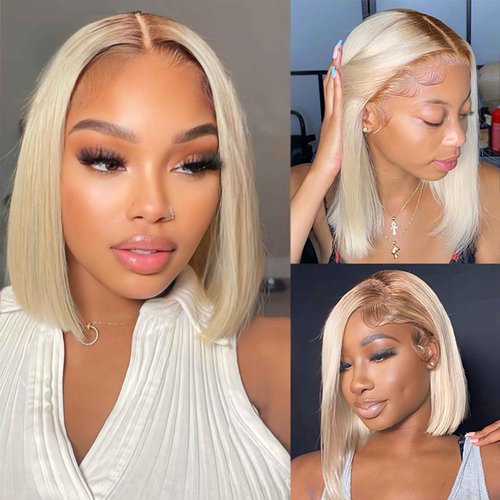 Msviki 13x4 Blonde Ombre Bob Wig with Dark Roots Brazilian Remy Human Hair Double Drawn 180% Density Short Straight Wig Preplucked UHD Transparent Lace Frontal Wigs for Women 12inches