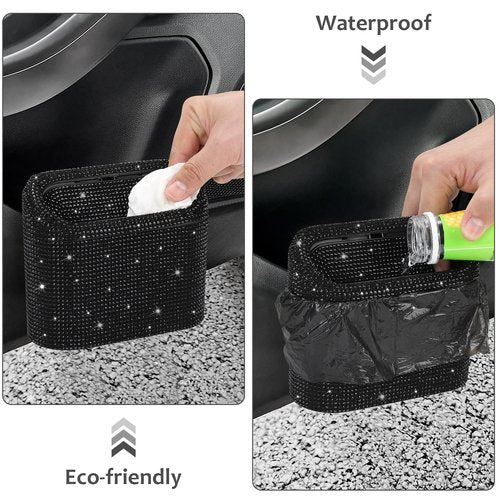 Accmor Bling Car Trash Can with Lid, Mini Vehicle Garbage Organizer Storage Bin Dustbin, Sparkling Crystal Rhinestone Holder Container with 30pcs Garbage Bags Car Accessories