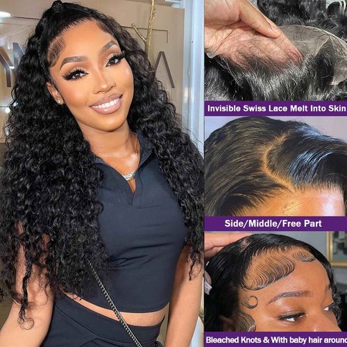 13x4 HD Lace Front Wigs Human Hair Wig for Women 200% Density Deep Wave Lace Front Wigs Human Hair Glueless 22 Inch Curly Human Hair Wig Pre Plucked Deep Wave Wig with Baby Hair Natural Hairline