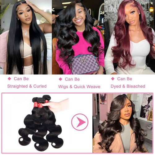 Douyin Brazilian Body Wave 3 Bundles Human Hair 12A 100% Unprocessed Virgin Human Hair Weave Bundles Deals Natural Black Color (1B Black，12 14 16)