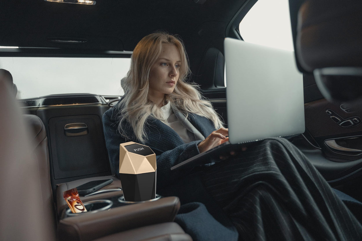 Ginsco Car Trash Can Cup Holder, 2 Pack Mini Car Trash Can with Lid, Car Accessories for Interior, Leakproof Small Trash Cup for Car, Home with Additional 2 ABS Hooks and 90pcs Trash Bags Black Golden