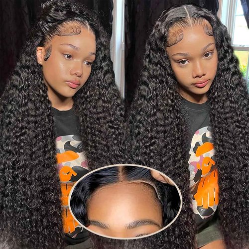 Wear and Go Glueless Wigs Human Hair Pre Plucked Pre Cut 5x5 HD Closure Wigs Human Hair Deep Wave Lace Front Wigs for Black Women 210% Dentisy 12A Deep Curly Glueless Wig Bleached Knots (24 Inch)