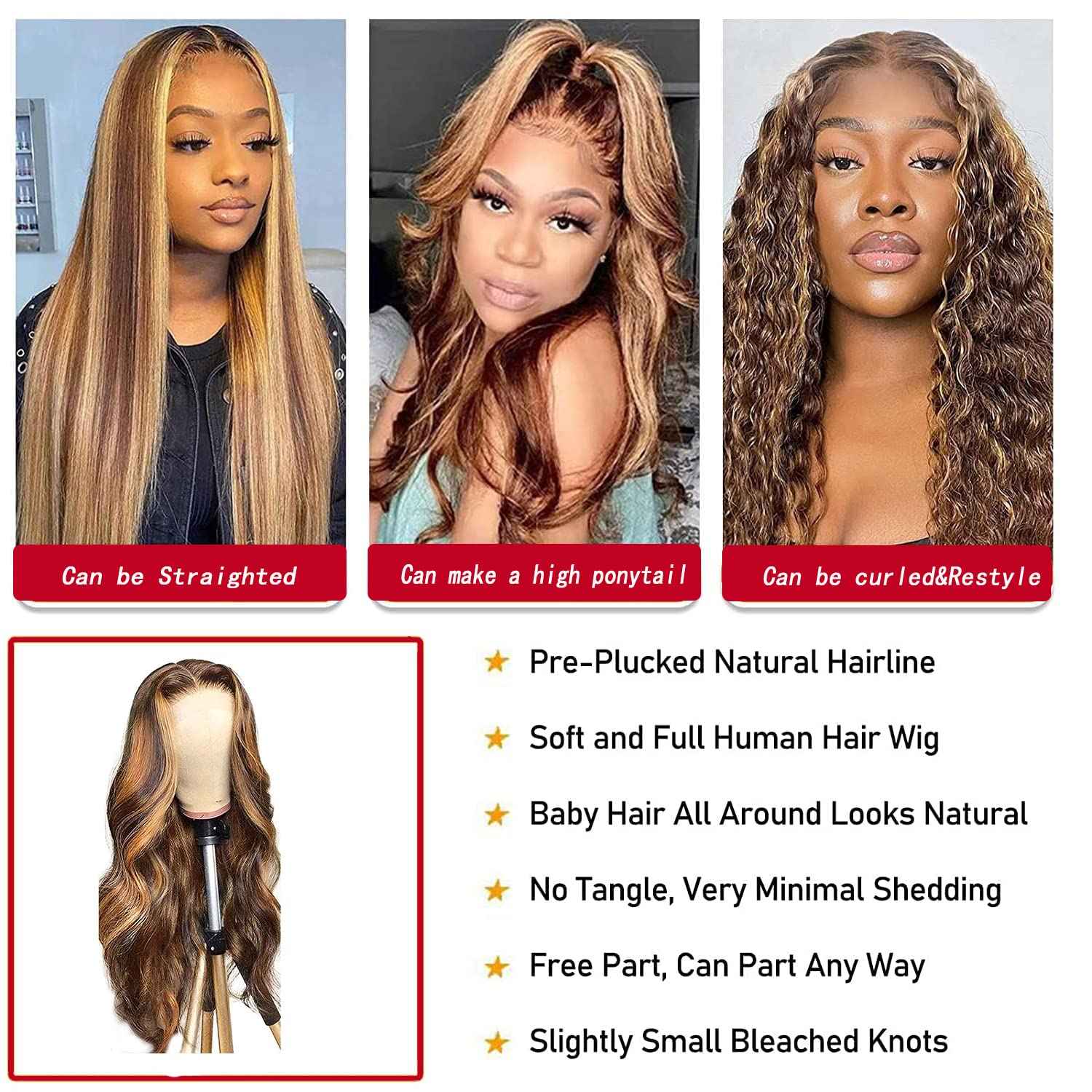 LAPONDAI Highlight Ombre 13x4 HD Lace Front Wig Human Hair Pre Plucked Transparent 4/27 Honey Blonde lace frontal Wigs with Baby Hair 150% Density Colored Lace Front wig Human Hair for Women 28 Inch