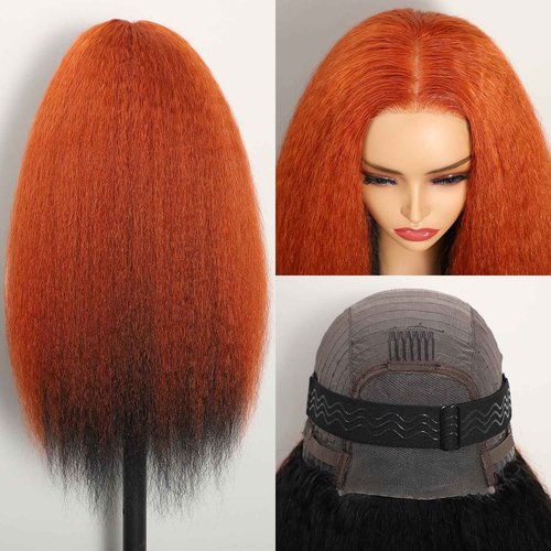 Sogram Wear and Go Glueless Yaki Straight Human Hair Wig Double Wear Wig No Glue Transparent HD Lace Wig 4x4 Kinky Straight Lace Closure Wigs Human Hair 180% Density 22 Inch (Orange and Black)