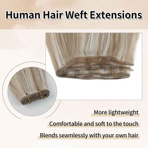 ABH AMAZINGBEAUTY HAIR Genius Weft Hair Extensions Human Hair Sew in Hair Extensions Real Human Hair Weft Extensions Hand Tied Virgin Hair 50G, #P8/60 Ash Brown Highlighted Platinum Blonde 20 Inch