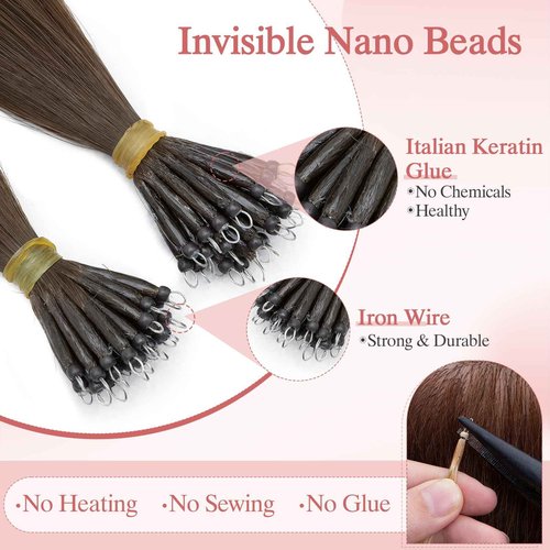 SEGO Pro 50pcs Nano Beads Hair Extensions Straight Nano Beads For Hair Pre-Bonded Seamless Nano Tip Real Human Hair，22Inch Dark Brown,50g