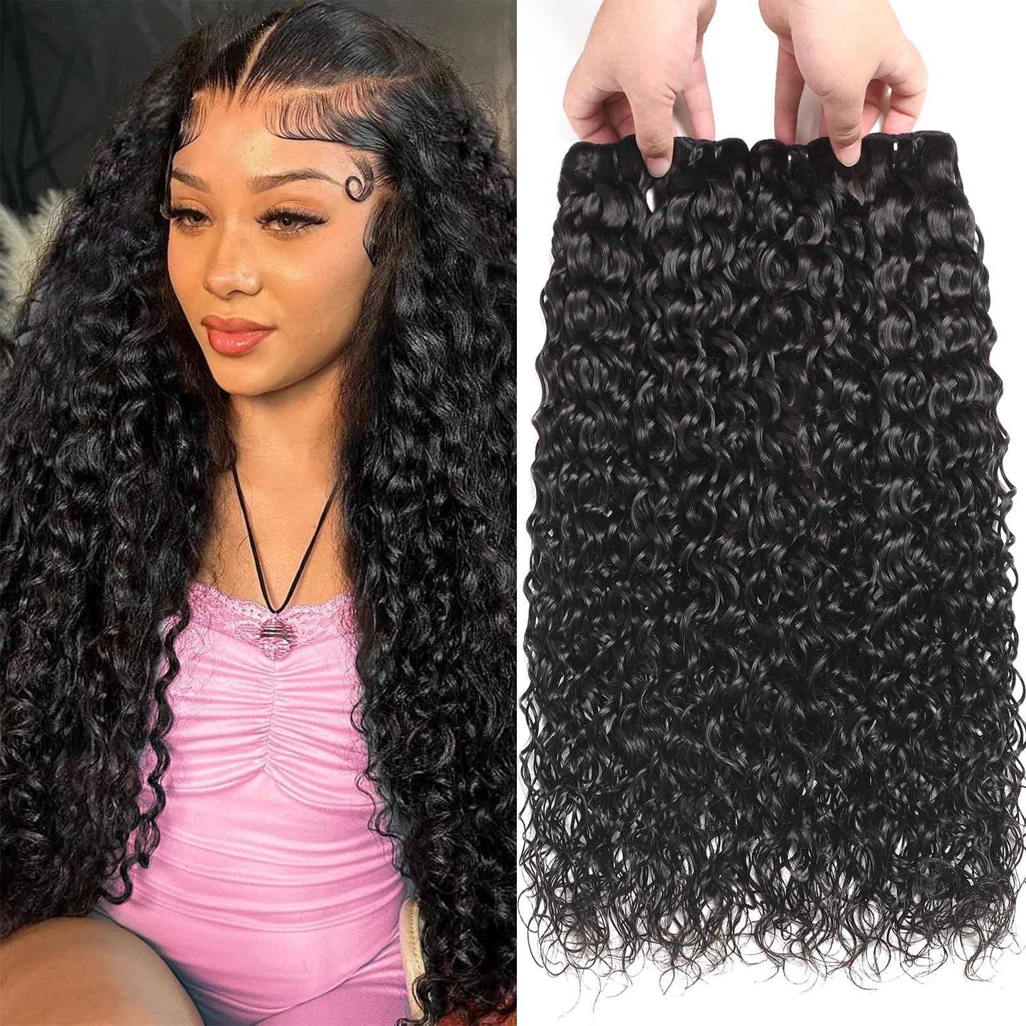 Geomone Human Hair Bundles Water Wave 4 Bundles 16 18 20 22 Inch 10A Brazilian Virgin Wet and Wavy 100% Unprocessed Burmese Curly Hair Thick and Full Natural Black Color Hair Extension