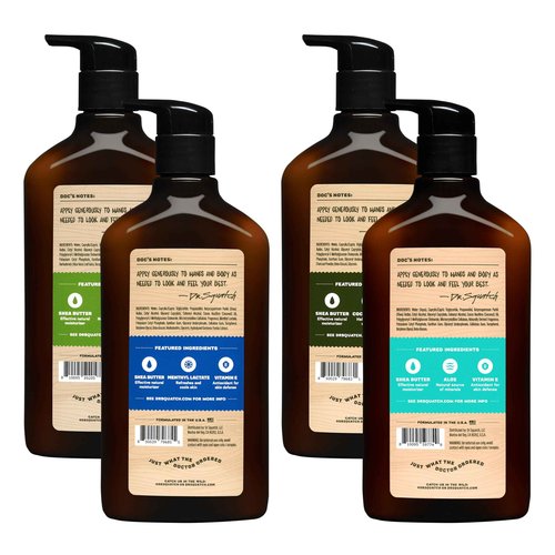 Dr. Squatch Natural Hand and Body Lotion for Men - Made with Shea Butter, Coconut Oil, Vitamin E for 24-Hr Moisturization - Pine Tar, Fresh Falls, Coconut Castaway & Cool Fresh Aloe (10 fl oz, 4-Pack)