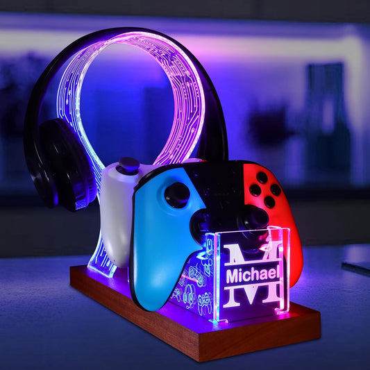 YuanDian Gamer Gifts for Teenage Boy, Desk Gaming Headset and Controller Stand with Blue Pink LED Night Light, Acrylic Wooden Controller Holder with PCB Pattern, Desk Decor Gift