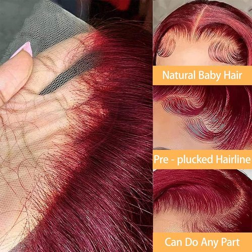 28inch Burgundy Lace Front Wigs Human Hair 99j 13X4 Body Wave Lace Front Wigs 180% Density 100% Brazilian Human Virgin Hair Glueless HD Red Wigs Pre Plucked with Bleached Knots Natural Hairline