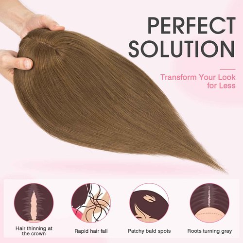 TESS Real Human Hair Topper for Women Clip In Bangs Handmade Lace Base 3 Clips Enhanced Coverage Stylish & Comfortable 8×10cm, 12 Inch, Medium Brown