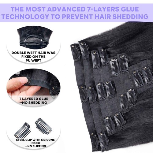 Pobokix Seamless Clip In Hair Extensions Real Human Hair Straight 8Pcs 120g Hair Extensions Clip In Brazilian Human Hair Extensions PU Skin Weft with 18Clips 24inch Natural Black