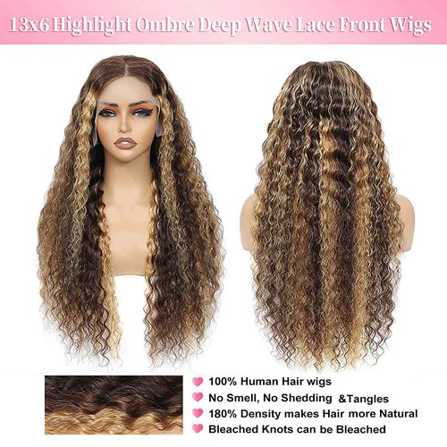 Aimking Honey Blonde Human Hair Wig Ombre Highlight 4/27 Deep Wave Lace Front Wigs Human Hair Curly Wig 180% Density Lace Frontal Wigs (26 Inch)
