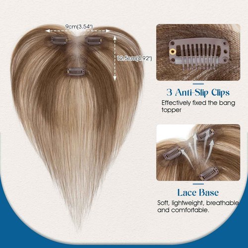 SLEEKALON Hair Topper with Side Bangs Human Hair Curtain Bangs Topper for Women, T-part Lace Base Real Human Hair Topper Hair Piece for Daily Wear(Side Bangs,Medium Brown & Dark Blonde)