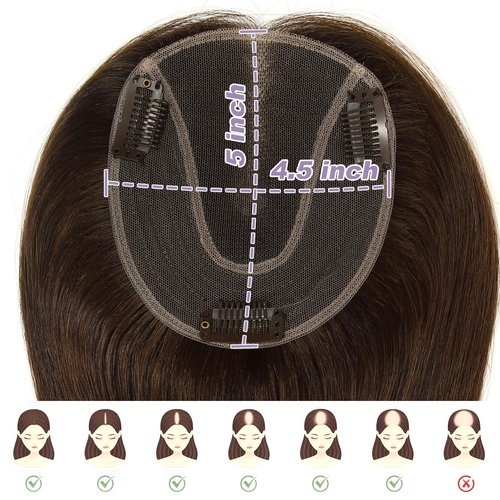 Topunique Hair Toppers for Women Real Human Hair, 4.5x5 Inch Swiss Lace Base No Bangs Top 12 Inch Length #4 Medium Brown