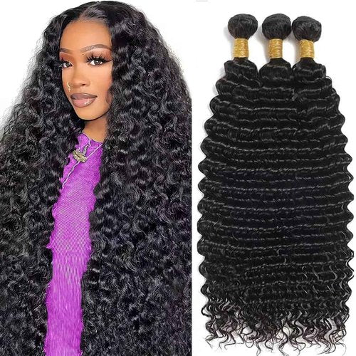 Deep Wave Human Hair Bundles 18 20 22 Inch Deep Curly Bundles Human Hair 12A Unprocessed Brazilian Virgin Weave 3 Bundles Real Human Hair Extensions 1B Natural Black Bundle for Women