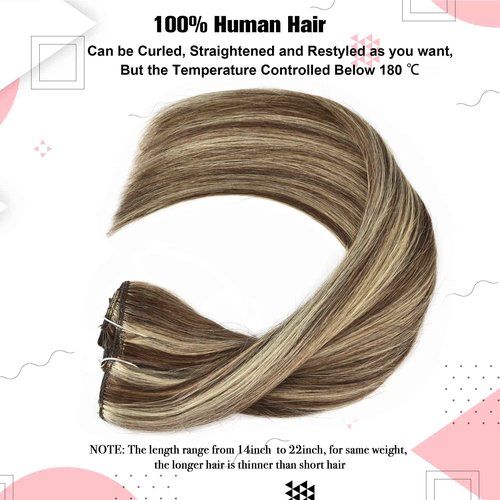 Clip in Hair Extensions Real Human Hair 16inch 120g 7Pcs Real Human Hair Clip in Extensions #P4/613 Medium Brown with Blonde Clips in Human Hair