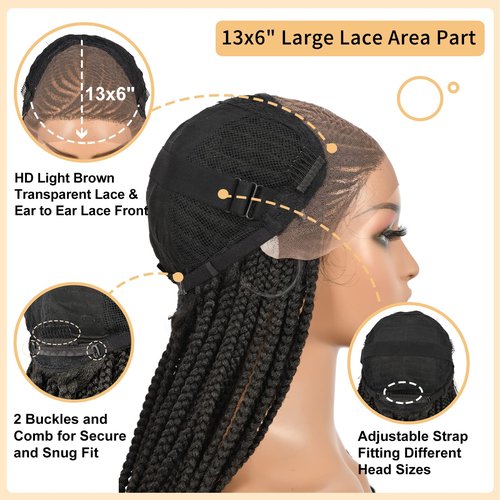 Beauart Brinbea 13X6 Lace Front Braided Wigs Black Box Braid Wig with Baby Hair Lace Frontal Cornrow Braided Wigs Premium Synthetic Braid Hair Wigs for Women 30 inch
