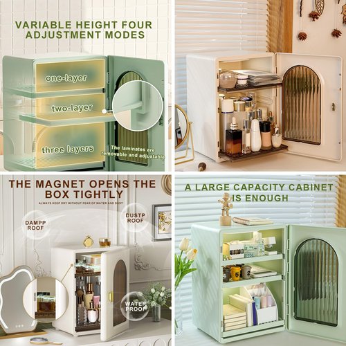 DASITON Large Capacity Makeup Organizer for Countertop, 3 Adjustable Layers Skincare Organizer, Dustproof & Waterproof Makeup Storage, Cosmetic Display Case for Vanity, Bathroom, Bedroom (Cream)