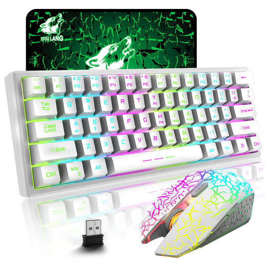 ZIYOU LANG T61 Wireless Gaming Keyboard and Mouse Combo with Ergonomic 61 Key Rainbow LED Backlight Anti-ghosting Mechanical Feel Rechargeable 4000mAh Battery Mouse Pad for PC MAC Gamer Typists(White)