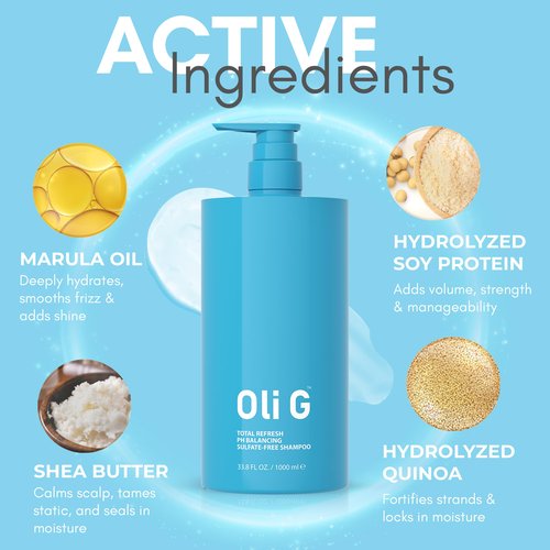 Oli G Total Refresh pH Balancing Shampoo – Lightweight Daily Cleanser for All Hair Types – With Marula Oil, Shea Butter & Quinoa Protein – Hydrating, Anti-Frizz Formula – 33.8 fl oz
