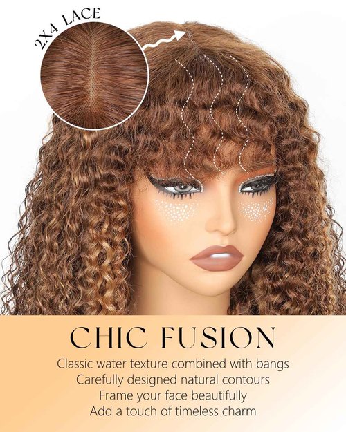 JuneMet Ombre Highlight Human Hair Wig with Bangs 2x4 HD Lace Front Closure Wear and Go Glueless Wigs with Bangs Curly Water Wave 4/27 Honey Blonde Brown Colored Human Hair for Black Women 16 Inch