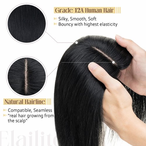 Elailite Human Hair Toppers for Women Real Human Hair Thin 4.7"x3.9" Silk Base Clip in Remy Hairpieces 10 Inch Jet Black