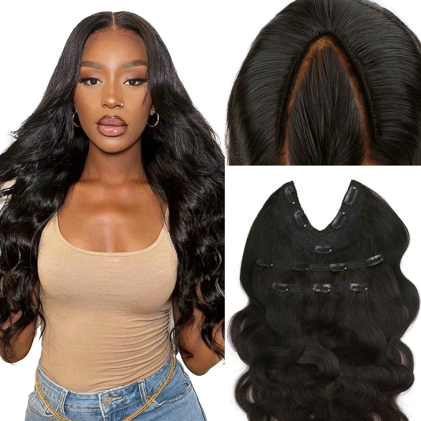 Lashey V Shape Invisible Clip in & Lace Clip in Hair Extensions Human Hair, 18 Inch 120g Set (1 V-Shaped + 2pcs Lace Clip ins), Natural Black Body Wave No Leave Out Hair Extension for Women