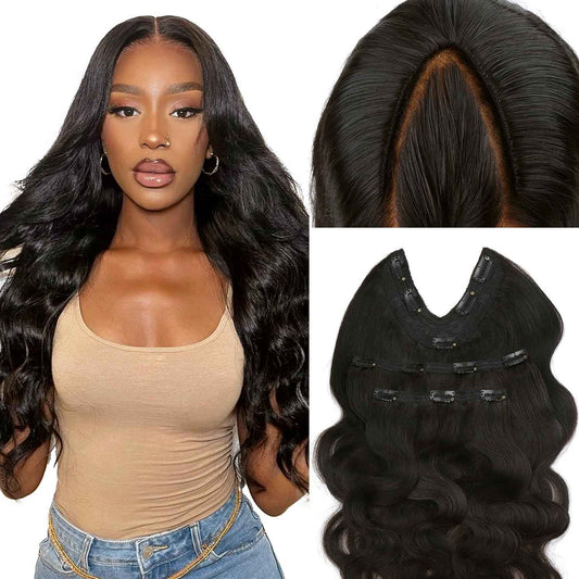 Lashey V Shape Invisible Clip in & Lace Clip in Hair Extensions Human Hair, 18 Inch 120g Set (1 V-Shaped + 2pcs Lace Clip ins), Natural Black Body Wave No Leave Out Hair Extension for Women