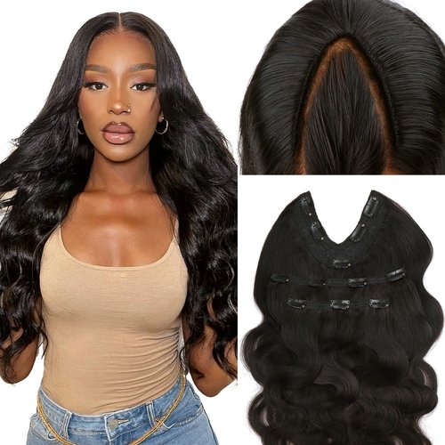 Lashey V Shape Invisible Clip in & Lace Clip in Hair Extensions Human Hair, 16 Inch 120g Set (1 V-Shaped + 2pcs Lace Clip ins), Natural Black Body Wave No Leave Out Hair Extension for Women