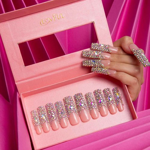 LOVFUL Press on Nails Angel's Tear Rhinestone | Handmade with Full Covered Crystals | Reusable Fake Nails | Square Mid length 1.7in | H48-M
