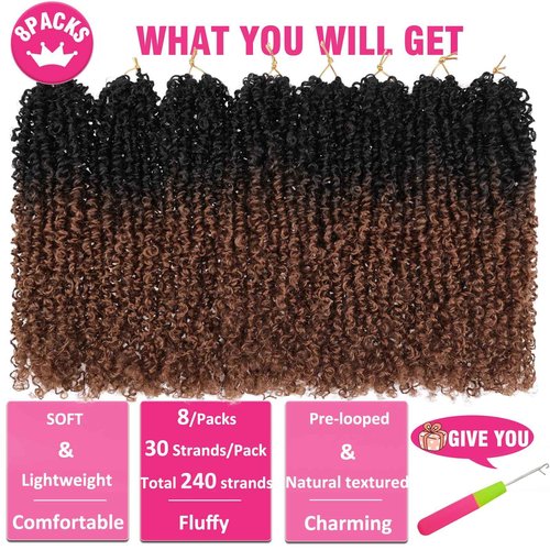 Unionbeauty 14 Inch Pre-looped Yanky Twists Crochet Braids Hair 8 Packs Pre-twisted Micro Passion Twist Crcochet Hair Ombre Brown Spring Twists Synthetic Marlybob Crochet Braids Hair Extensions 1B/30#