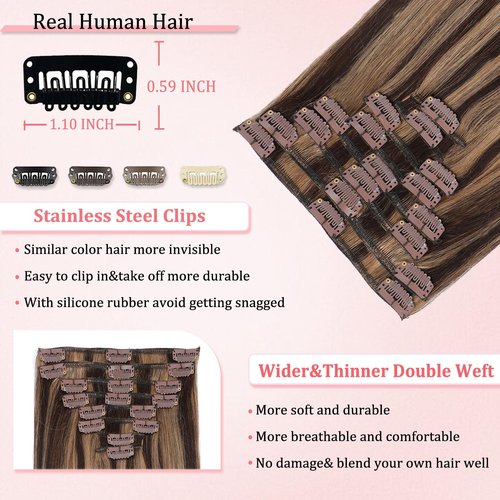 Clip in Hair Extensions Real Human Hair Clip in Extensions for Women Seamless Balayage Dark Brown to Chestnut Brown Straight Remy 100% Human Clips ins Extension 8pcs Double Weft 20 inch 3.7oz/105g