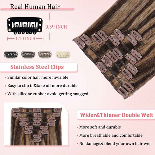 Clip in Hair Extensions Real Human Hair Clip in Extensions for Women Seamless Balayage Dark Brown to Chestnut Brown Straight Remy 100% Human Clips ins Extension 8pcs Double Weft 22 inch 4oz/110g