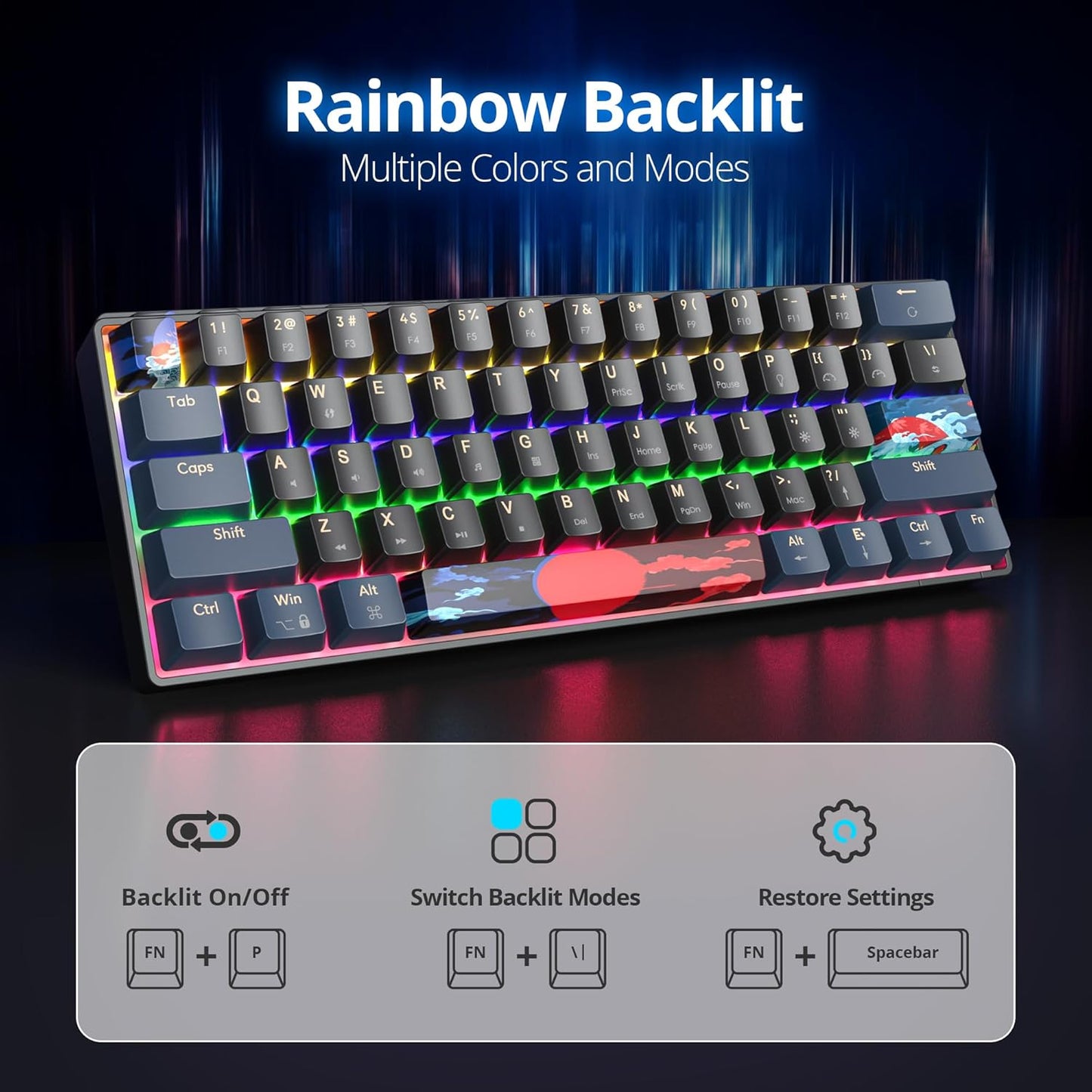 60 Percent Gaming Keyboard 60% Mechanical Keyboard LED Backlit Ultra Compact Wired Keyboard with Red Switch for Windows Laptop Gamer(61 Blue Samurai)