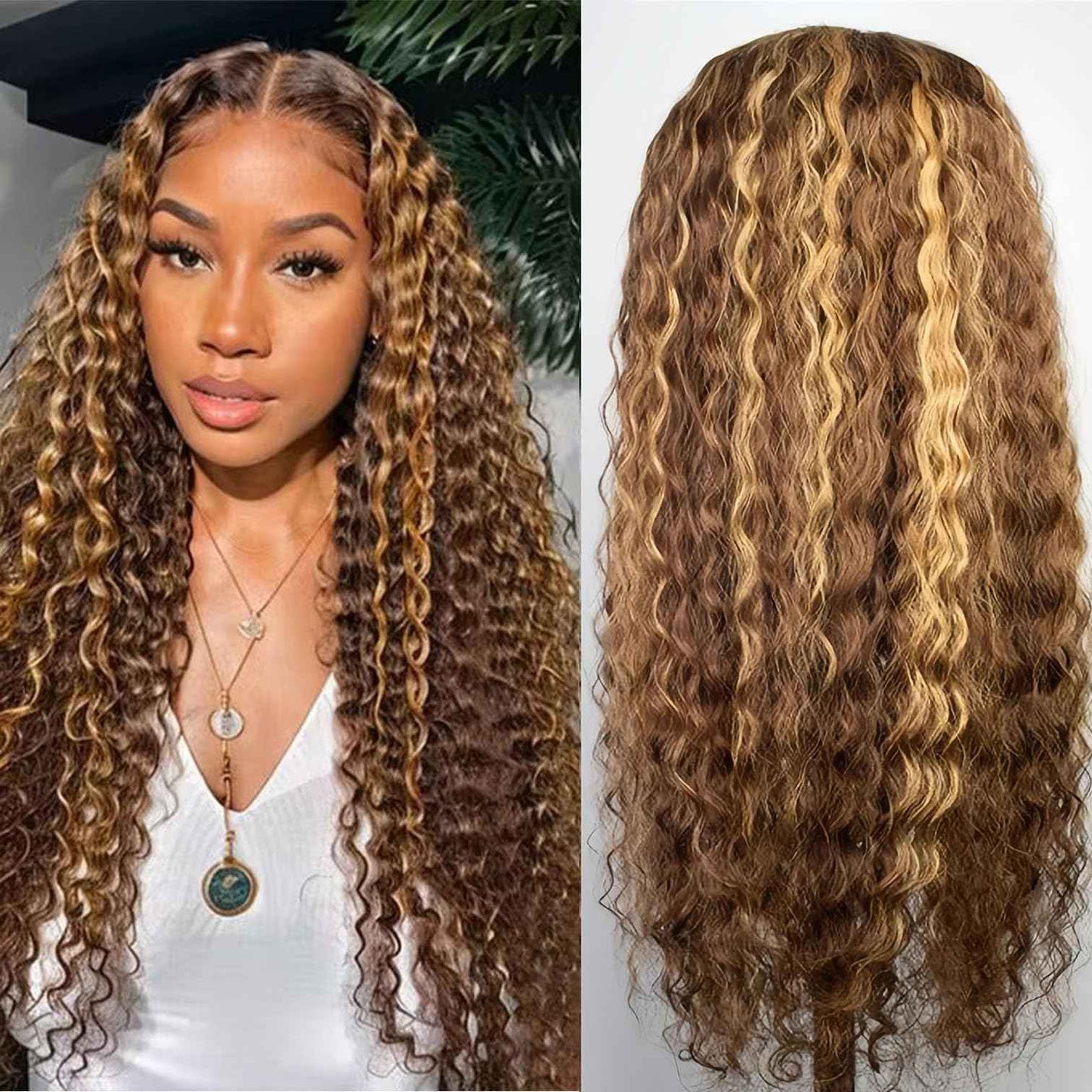 Highlight Ombre 4/27 Human Hair Wear and Go Glueless Wigs Deep Wave Curly Wet and Wavy Lace Front Pre Plucked Pre Cut 5x5 HD Lace Closure Wigs for Black Women (highlight ombre 4/27, 22 Inch)