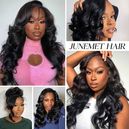 JuneMet Side Part Layered Curtain Bangs Wig Human Hair 9x6 Glueless Wigs Human Hair Pre Plucked Pre Cut Loose Body Wave 220 Density HD Lace Clourse Front Wigs with Bangs for Black Women 14 Inch