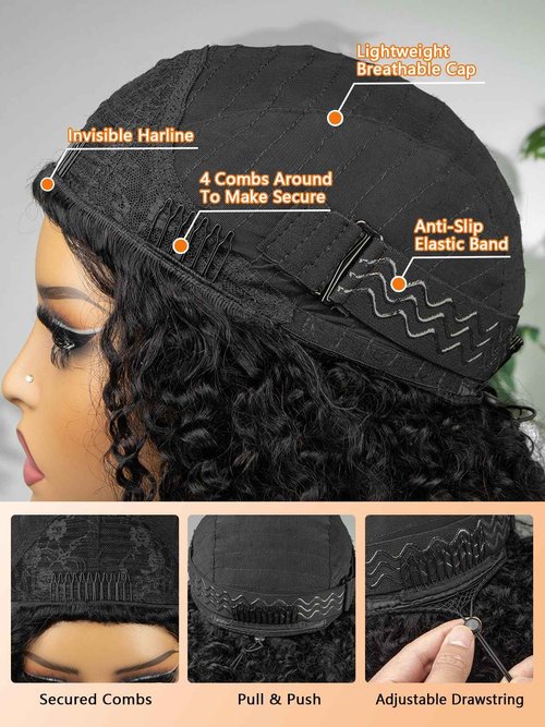 MIMOSHOU Kinky Curly Half Wig Human Hair 16Inch 250% Density 3 In 1 Seamless Flip Over Half Wigs for Women Wear and Go Glueless Headband Wig Human Hair Drawstring Beginner Friendly